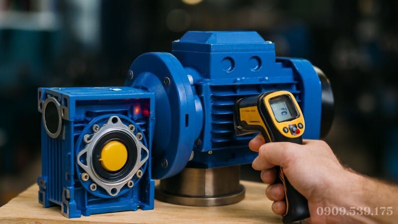 Kỹ thuật viên dùng súng bắn nhiệt kiểm tra nhiệt độ vỏ hộp giảm tốc NMRV khi chạy rà (rodai).